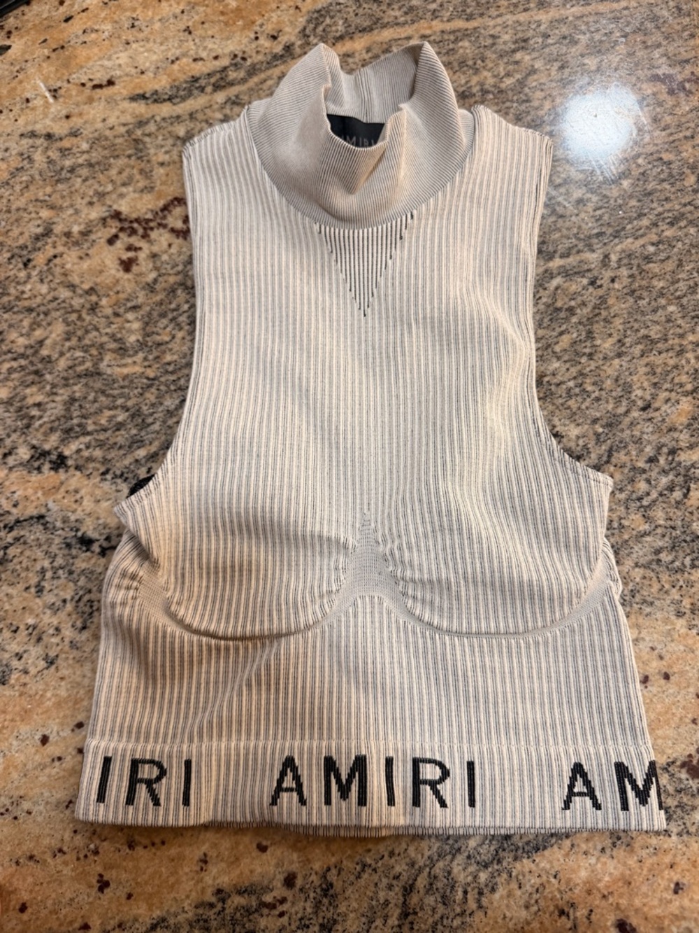 AMIRI Gray Ribbed Sleeveless Turtleneck Crop Tank with Branded Hem